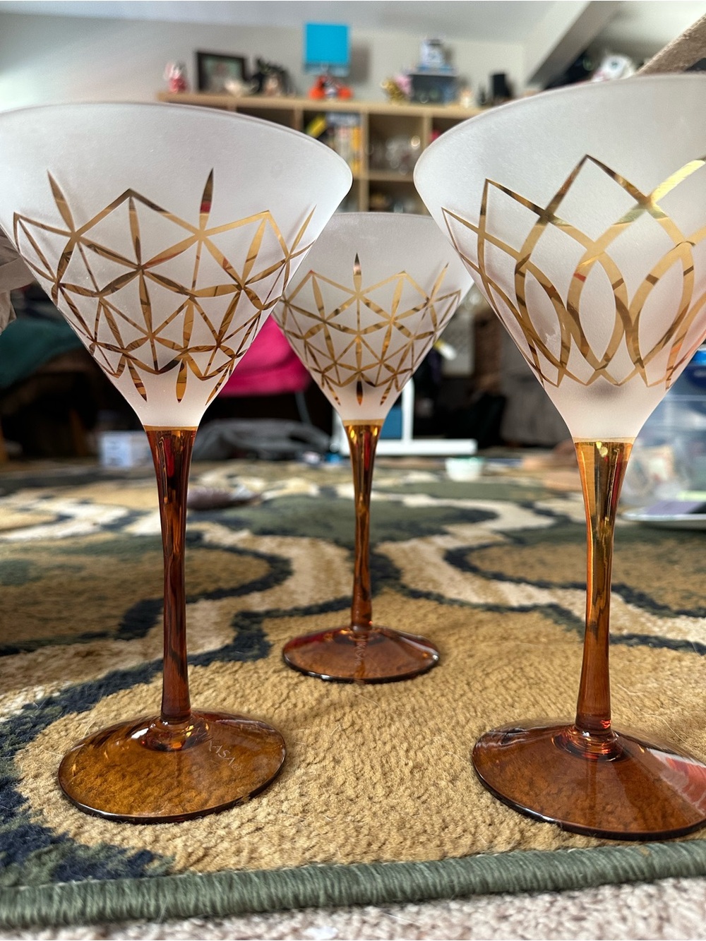 Mikasa Frosted Martini Glasses - Etched Geometric Band - Amber Stem - Three
